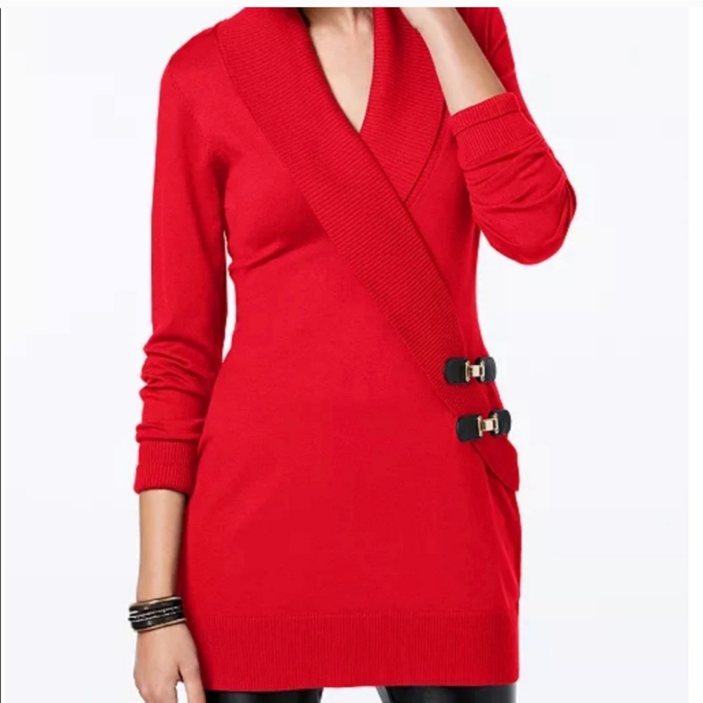 INC international concepts faux cowl neck buckle tunic sweater